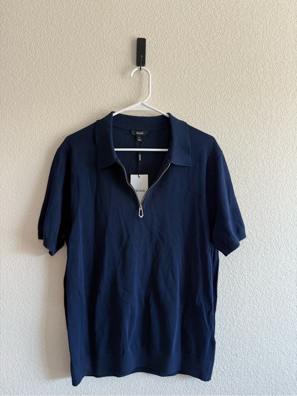 Reiss Mens Navy Short-Sleeve Zip Polo